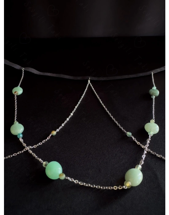 Akik ve Aventurin Doğal Taşlı Çelik Zincir Bacak Takısı -Sevgili Takı Koleksiyonu