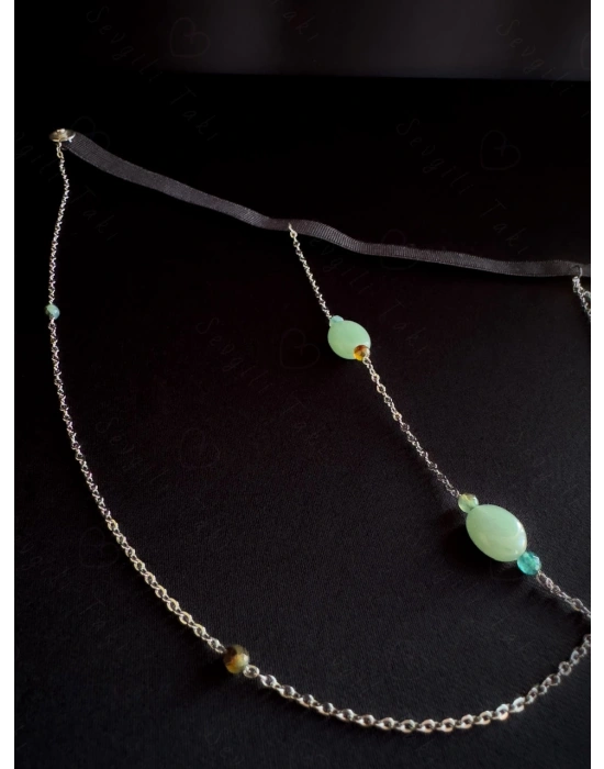 Akik ve Aventurin Doğal Taşlı Çelik Zincir Bacak Takısı -Sevgili Takı Koleksiyonu