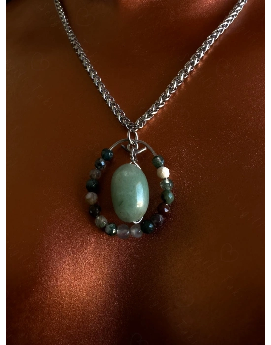 Akik ve Aventurin Doğal Taşlı Çelik Kolye | Karma Serisi
