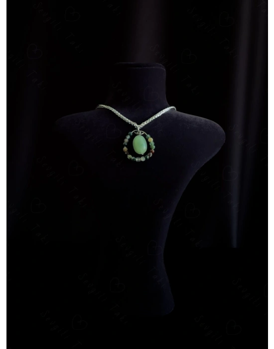 Akik ve Aventurin Doğal Taşlı Çelik Kolye | Karma Serisi