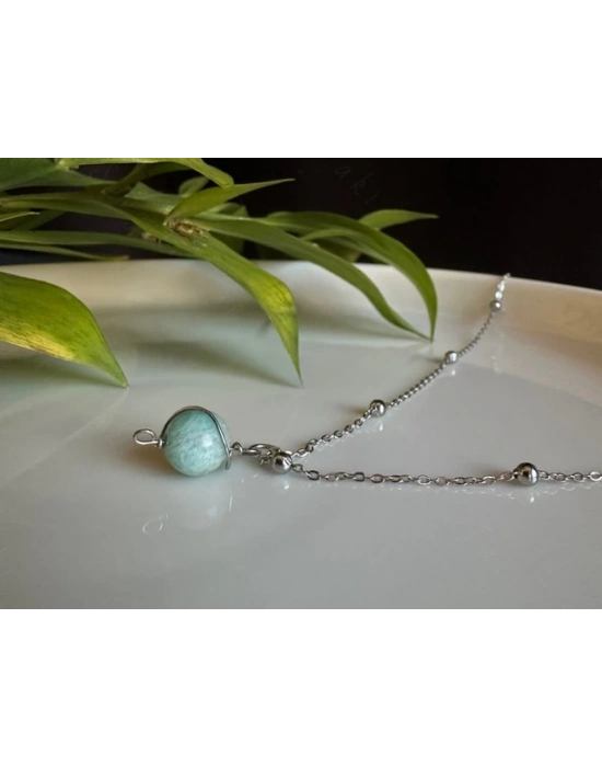 Amazonit Doğal Taşlı Çelik Kolye -Gezegen Serisi