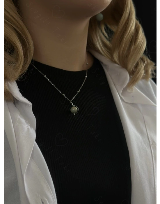 Amazonit Doğal Taşlı Çelik Kolye -Gezegen Serisi