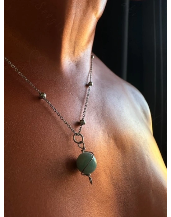 Amazonit Doğal Taşlı Çelik Kolye -Gezegen Serisi