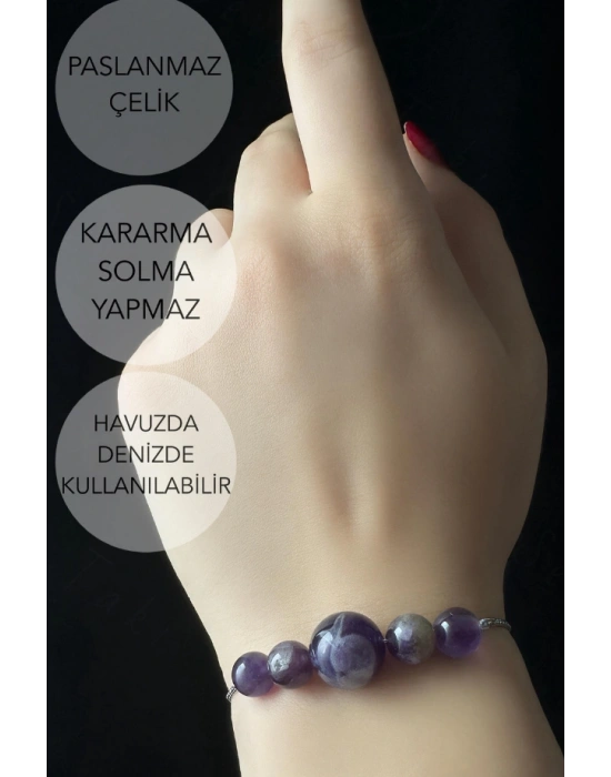 Ametist Doğal Taşlı Ayarlanabilir Çelik Bileklik -Karma Serisi