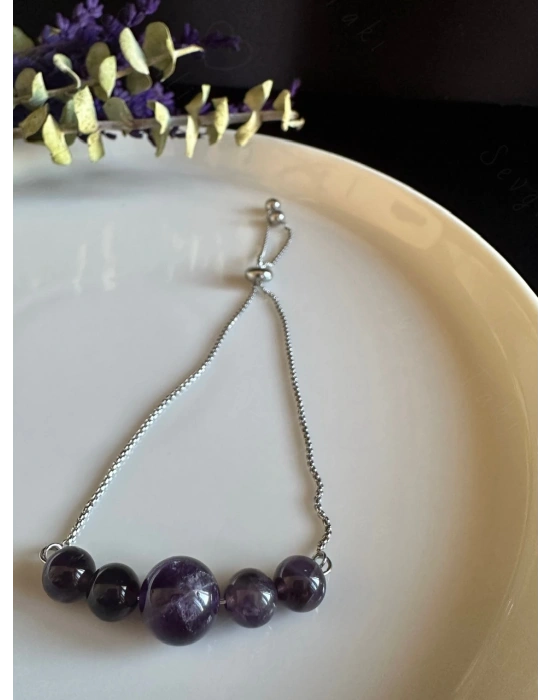 Ametist Doğal Taşlı Ayarlanabilir Çelik Bileklik -Karma Serisi