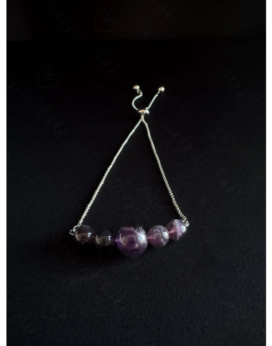 Ametist Doğal Taşlı Ayarlanabilir Çelik Bileklik -Karma Serisi