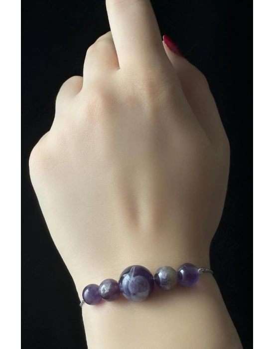 Ametist Doğal Taşlı Ayarlanabilir Çelik Bileklik -Karma Serisi
