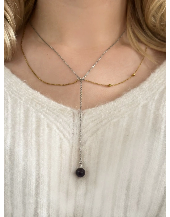 Y Model Ametist Doğal Taşlı Çelik Kolye | Ida Serisi