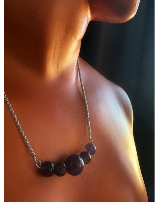 Ametist Doğal Taşlı Çelik Kolye -Karma Serisi