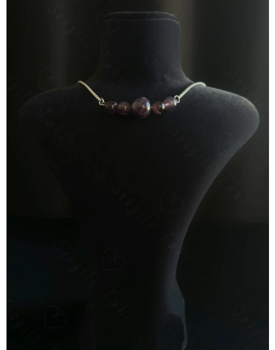 Ametist Doğal Taşlı Çelik Kolye -Karma Serisi