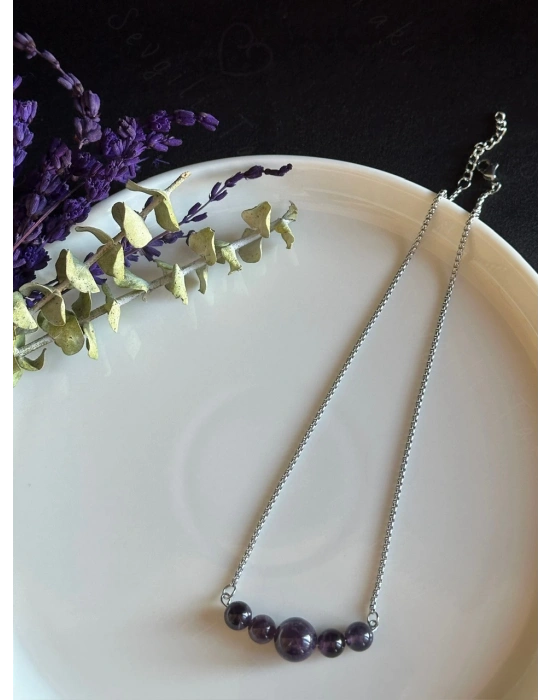 Ametist Doğal Taşlı Çelik Kolye -Karma Serisi