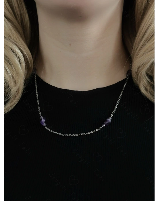 Ametist Doğal Taşlı Çelik Kolye | Sevgili Takı Koleksiyonu