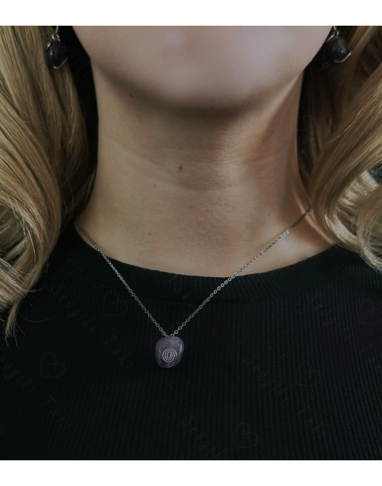 Ametist Doğal Taşlı Çelik Kolye | Sevgili Takı Koleksiyonu