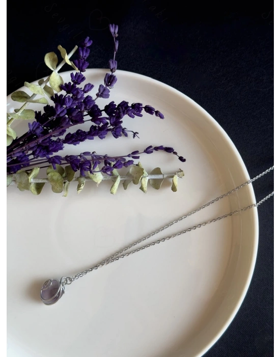 Ametist Doğal Taşlı Çelik Kolye -Sirius Serisi