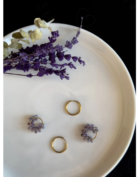 Ametist Doğal Taşlı Çelik Küpe -Methus Serisi