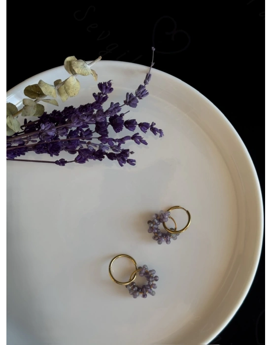 Ametist Doğal Taşlı Çelik Küpe -Methus Serisi