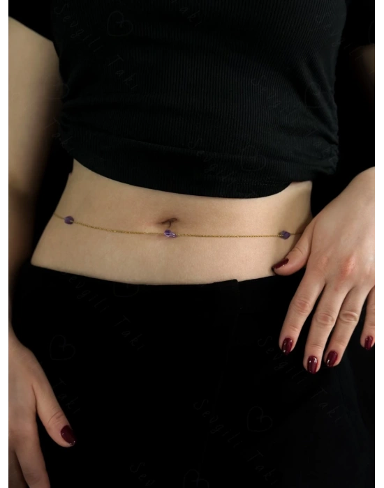 70cm | Ametist Doğal Taşlı Gold Çelik Bel Takısı | Miracle Serisi