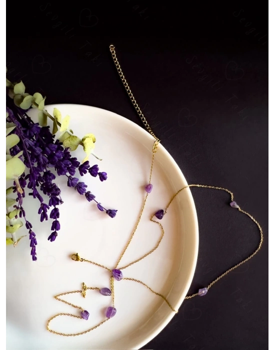 70cm | Ametist Doğal Taşlı Gold Çelik Bel Takısı | Miracle Serisi