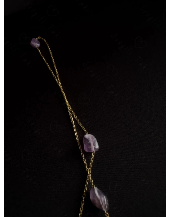 70cm | Ametist Doğal Taşlı Gold Çelik Bel Takısı | Miracle Serisi