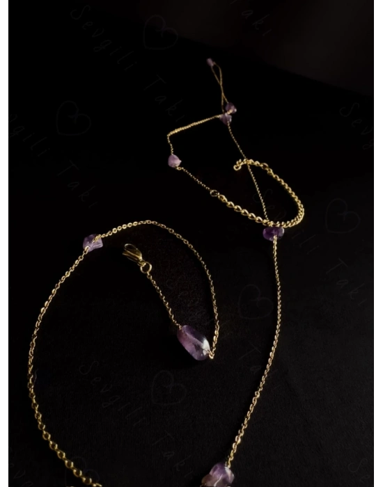 70cm | Ametist Doğal Taşlı Gold Çelik Bel Takısı | Miracle Serisi
