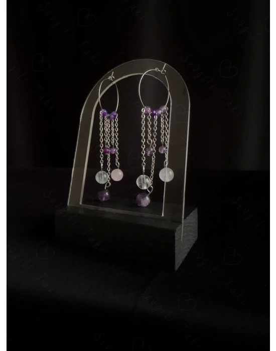 Ametist Kristal Kuvars ve Akik Doğal Taşlı Çelik Küpe -777 Serisi