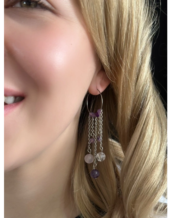 Ametist Kristal Kuvars ve Akik Doğal Taşlı Çelik Küpe -777 Serisi