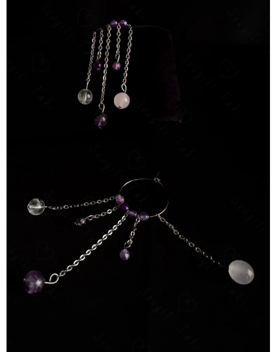 Ametist Kristal Kuvars ve Akik Doğal Taşlı Çelik Küpe -777 Serisi