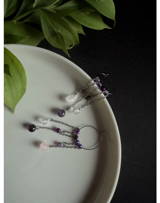 Ametist Kristal Kuvars ve Akik Doğal Taşlı Çelik Küpe -777 Serisi