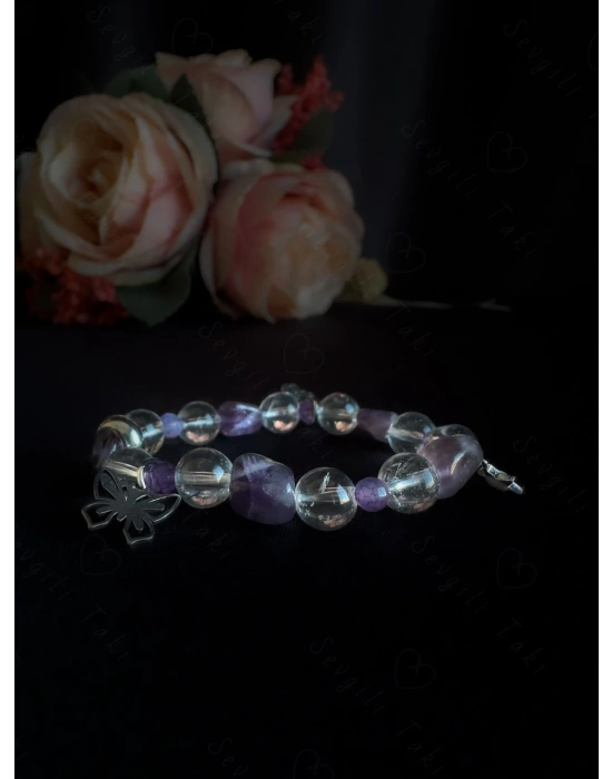 Ametist Kristal Kuvars ve Akik Doğal Taşlı Çocuk Çelik Bileklik -Sevgili Takı Koleksiyonu