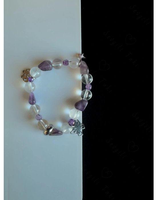 Ametist Kristal Kuvars ve Akik Doğal Taşlı Çocuk Çelik Bileklik -Sevgili Takı Koleksiyonu