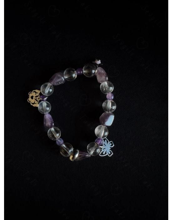 Ametist Kristal Kuvars ve Akik Doğal Taşlı Çocuk Çelik Bileklik -Sevgili Takı Koleksiyonu