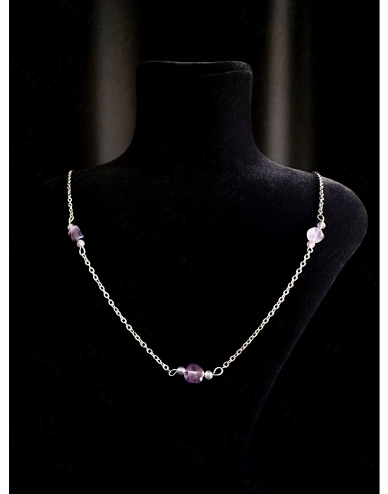 Ametist Doğal Taşlı Çelik Kolye | Sevgili Takı Koleksiyonu