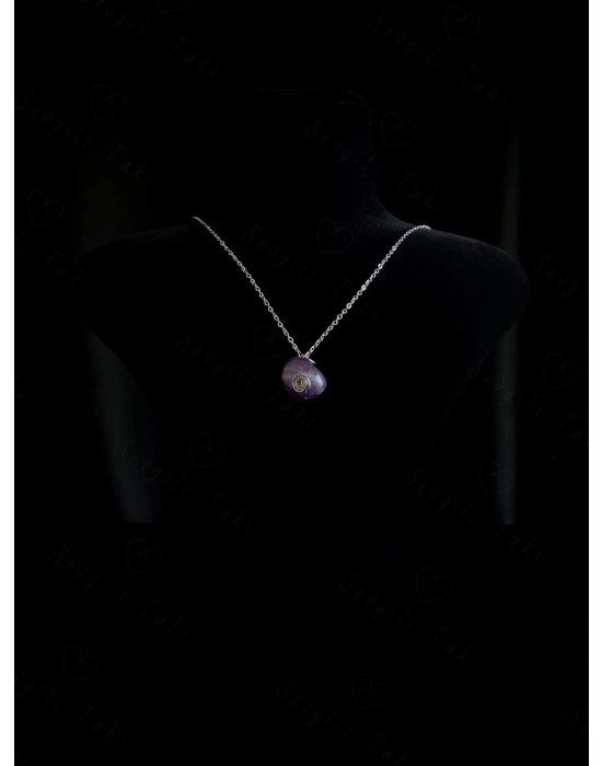 Ametist Doğal Taşlı Çelik Kolye | Sevgili Takı Koleksiyonu