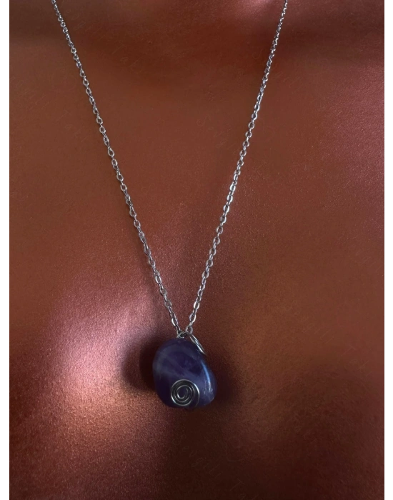 Ametist Doğal Taşlı Çelik Kolye | Sevgili Takı Koleksiyonu