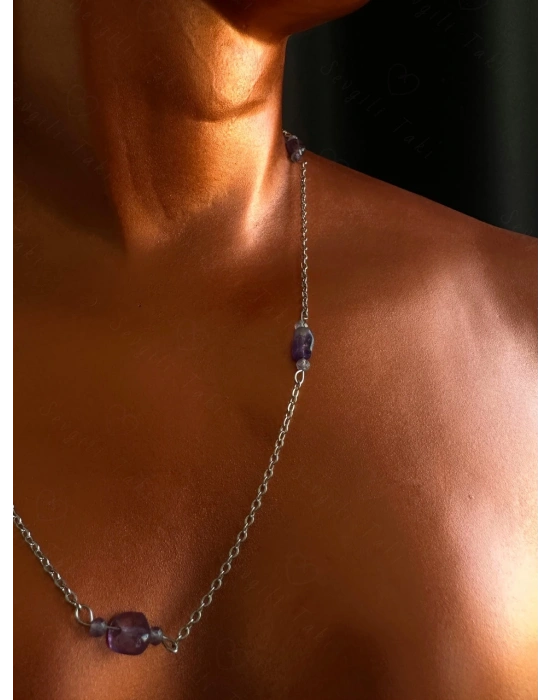 Ametist Doğal Taşlı Çelik Kolye | Sevgili Takı Koleksiyonu