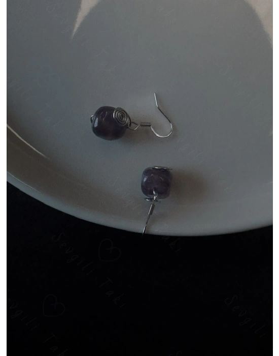 Ametist Doğal Taşlı Çelik Küpe -Sevgili Takı Koleksiyonu