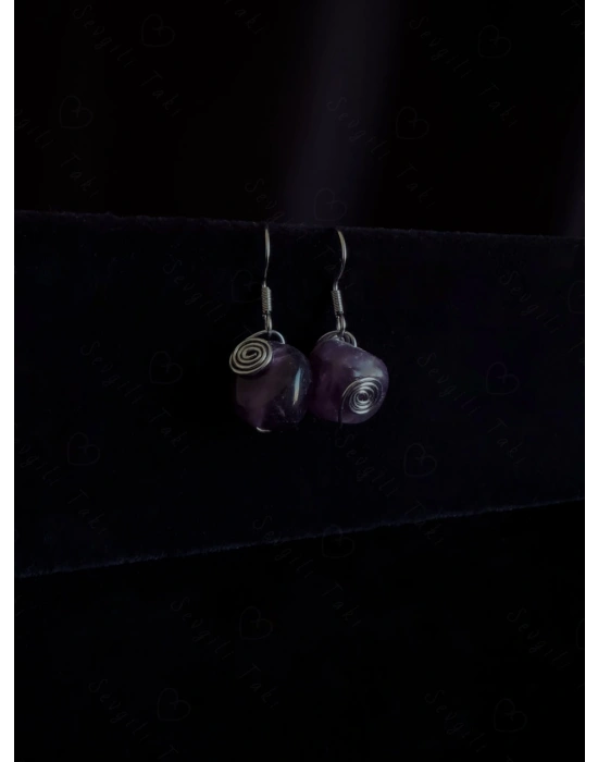 Ametist Doğal Taşlı Çelik Küpe -Sevgili Takı Koleksiyonu