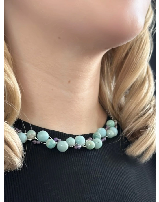 Ametist ve Amazonit Doğal Taşlı Örgülü Çelik Kolye | Sevgili Takı Koleksiyonu