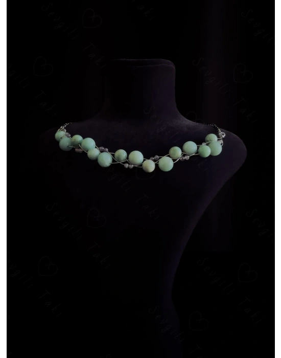 Ametist ve Amazonit Doğal Taşlı Örgülü Çelik Kolye | Sevgili Takı Koleksiyonu