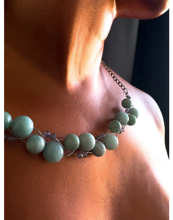 Ametist ve Amazonit Doğal Taşlı Örgülü Çelik Kolye | Sevgili Takı Koleksiyonu