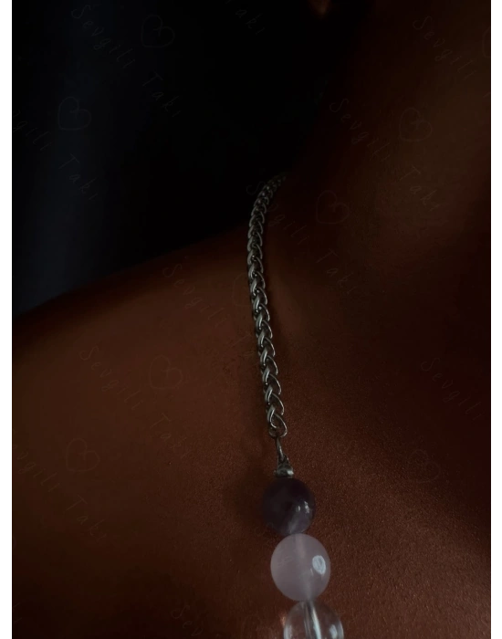 Ametist ve Kuvars Doğal Taşlı Çelik Kolye -Pure Serisi