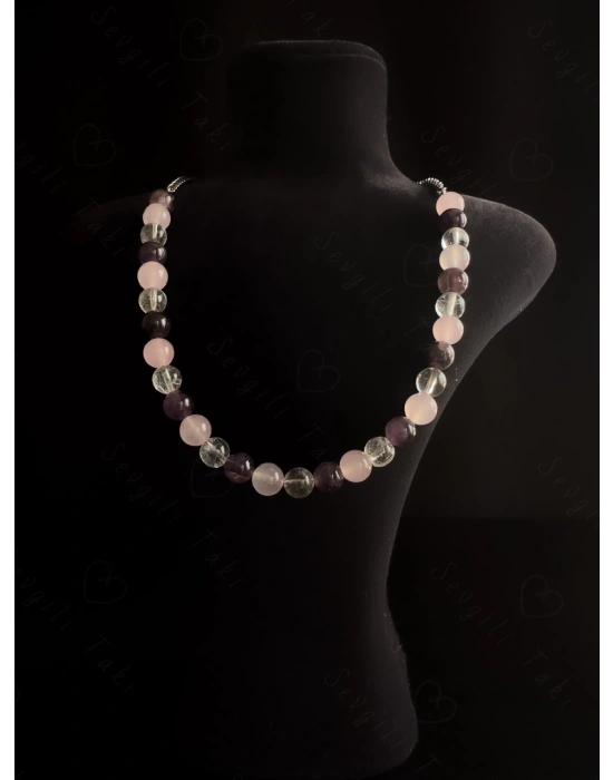 Ametist ve Kuvars Doğal Taşlı Çelik Kolye -Pure Serisi