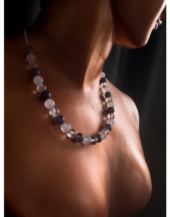 Ametist ve Kuvars Doğal Taşlı Çelik Kolye -Pure Serisi