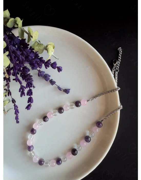 Ametist ve Kuvars Doğal Taşlı Çelik Kolye -Pure Serisi