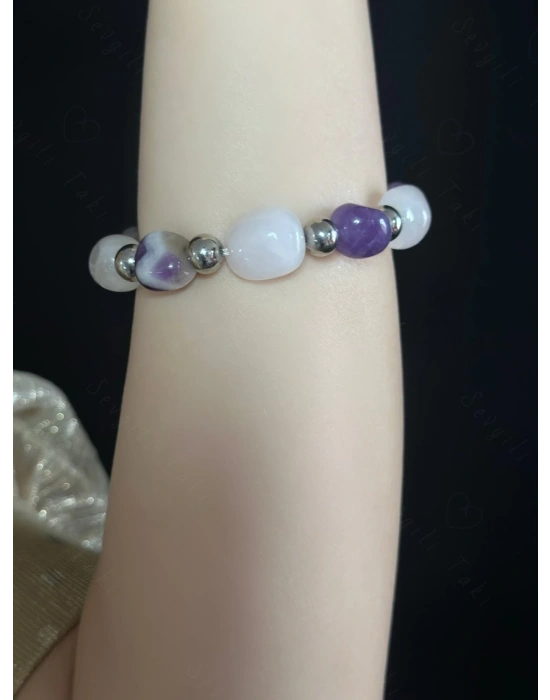 Ametist ve Pembe Kuvars Doğal Taşlı Bileklik -Ida Serisi