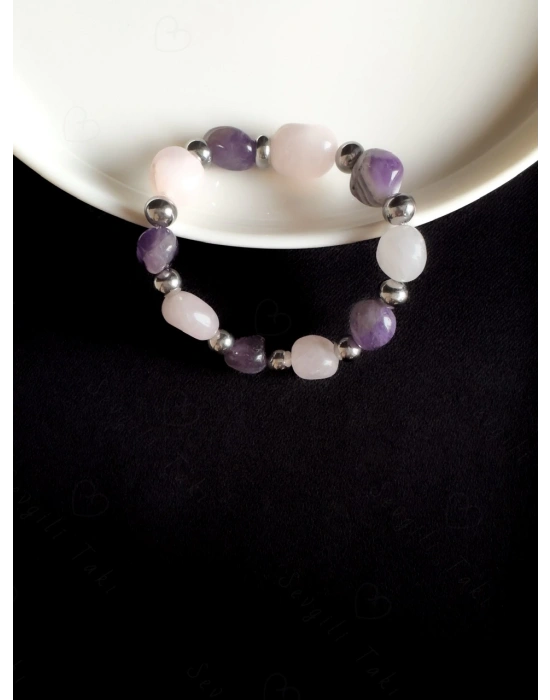 Ametist ve Pembe Kuvars Doğal Taşlı Bileklik -Ida Serisi