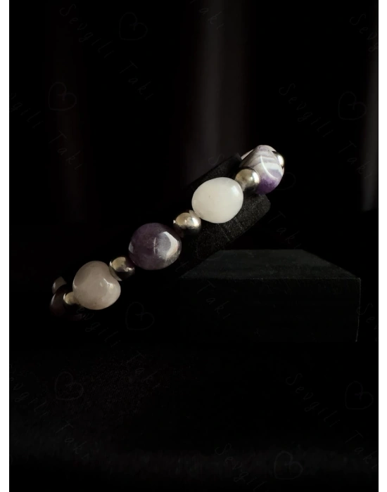 Ametist ve Pembe Kuvars Doğal Taşlı Bileklik -Ida Serisi