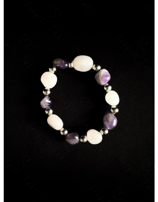 Ametist ve Pembe Kuvars Doğal Taşlı Bileklik -Ida Serisi
