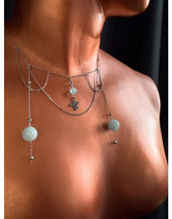 Aquamarin Doğal Taşlı Çocuk Çelik Kolye -Deniz Serisi