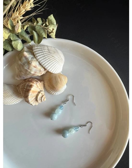 Aquamarin Doğal Taşlı Çelik Küpe-777 Serisi